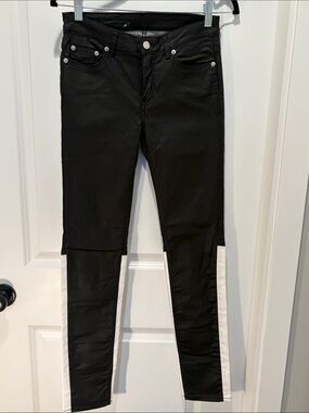 BLK DNM Black Slim Jeans with Leather wax finish. Stretchy colour block